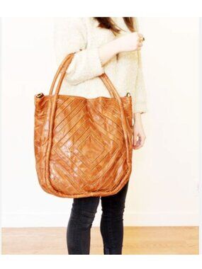 Vintage 90s Lost & Found Large Leather Boho Tote Shoulder Bag Geometric Brown